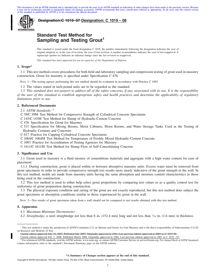REDLINE ASTM C1019-08 - Standard Test Method for  Sampling and Testing Grout