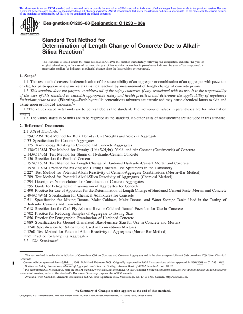 REDLINE ASTM C1293-08a - Standard Test Method for  Determination of Length Change of Concrete Due to Alkali-Silica Reaction