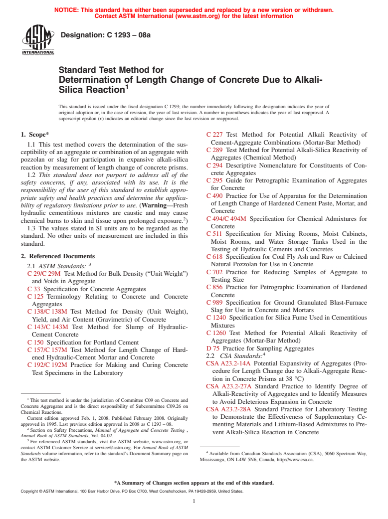 ASTM C1293-08a - Standard Test Method for  Determination of Length Change of Concrete Due to Alkali-Silica Reaction