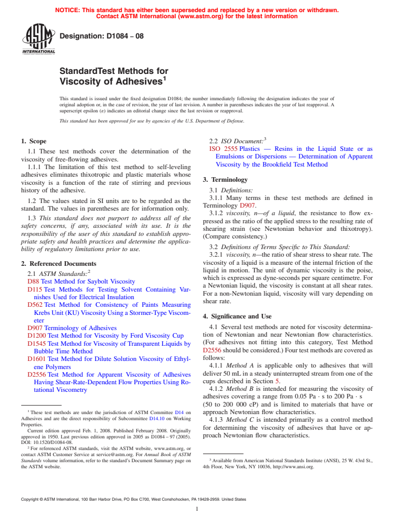 ASTM D1084-08 - Standard Test Methods for Viscosity of Adhesives