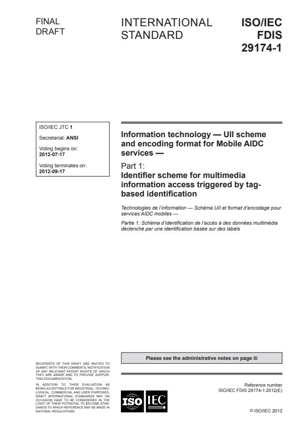 ISO/IEC FDIS 29174-1 - Information technology -- UII scheme and encoding format for Mobile AIDC services