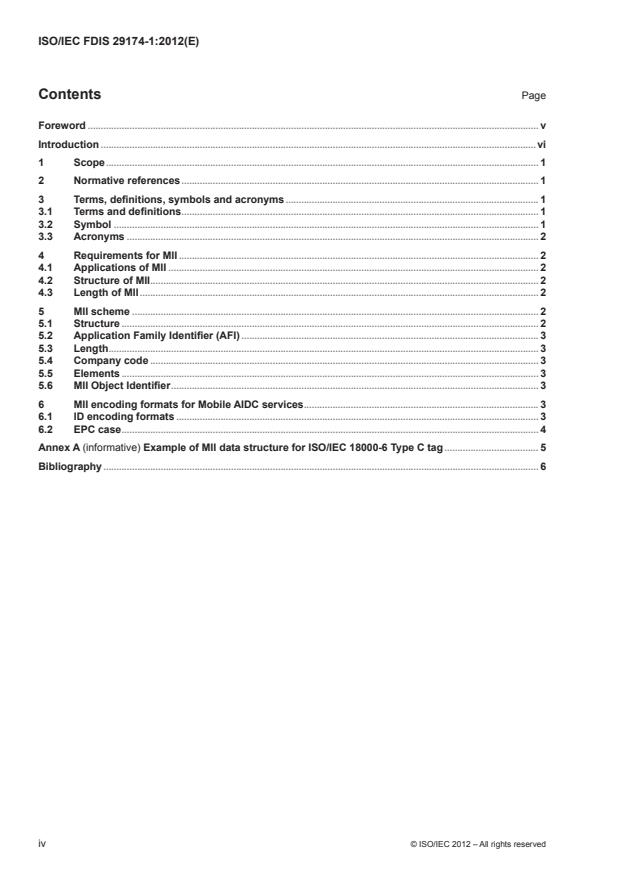 ISO/IEC FDIS 29174-1 ISO/IEC FDIS 29174-1 - Information technology -- UII scheme and encoding format for Mobile AIDC services - Page 4 preview