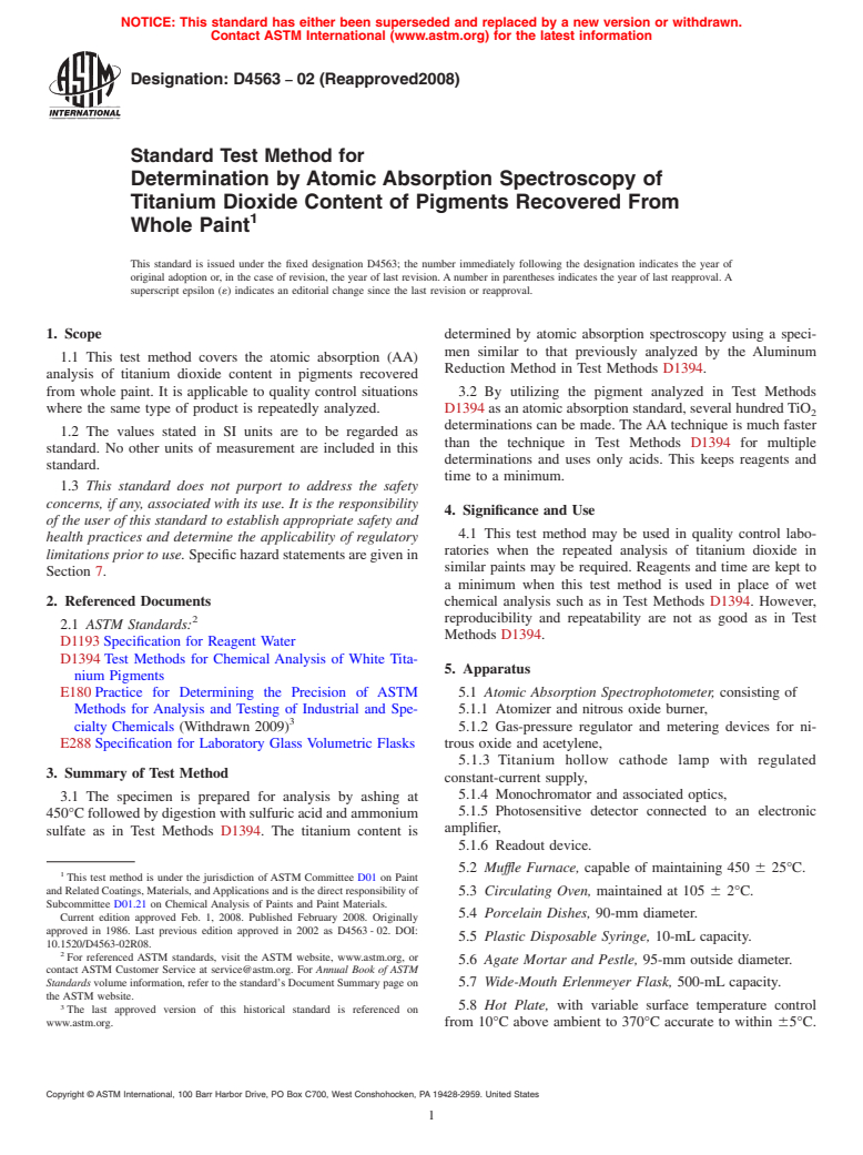 ASTM D4563-02(2008) - Standard Test Method for  Determination by Atomic Absorption Spectroscopy of Titanium Dioxide   Content of Pigments Recovered From Whole Paint