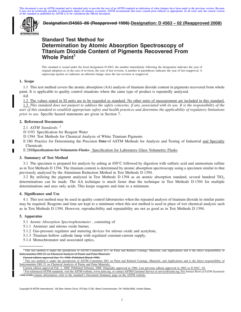 REDLINE ASTM D4563-02(2008) - Standard Test Method for  Determination by Atomic Absorption Spectroscopy of Titanium Dioxide   Content of Pigments Recovered From Whole Paint