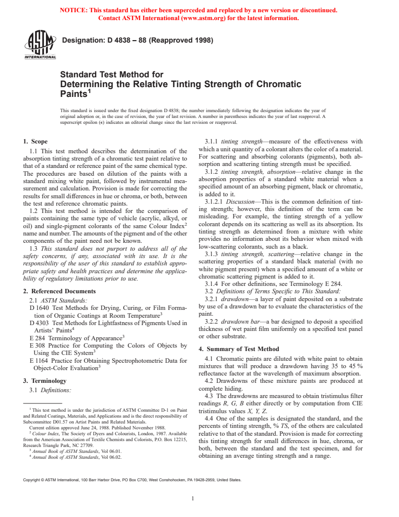 ASTM D4838-88(1998) - Standard Test Method for Determining the Relative Tinting Strength of Chromatic Paints