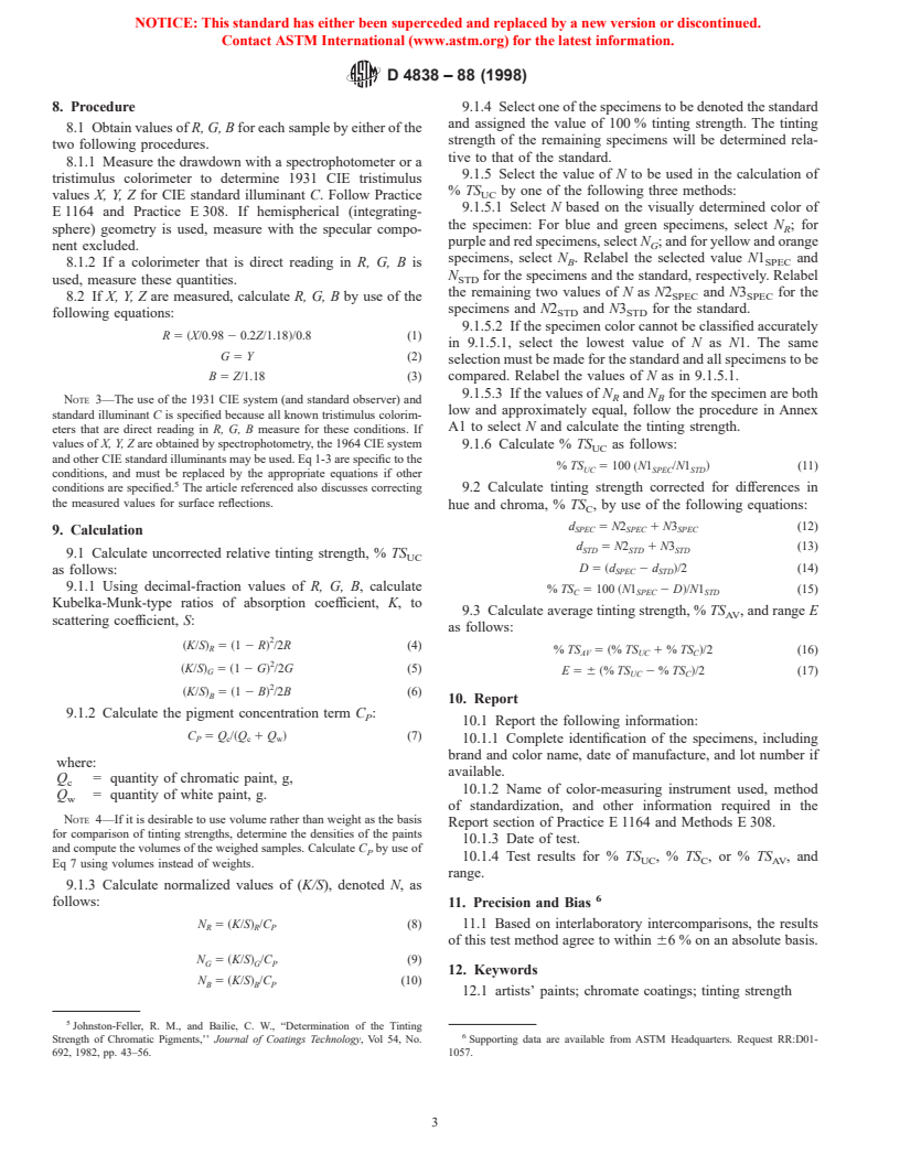 ASTM D4838-88(1998) - Standard Test Method for Determining the Relative Tinting Strength of Chromatic Paints