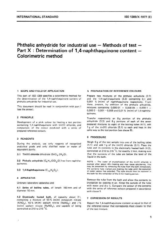 ISO 1389-10:1977 - Phthalic anhydride for industrial use -- Methods of test