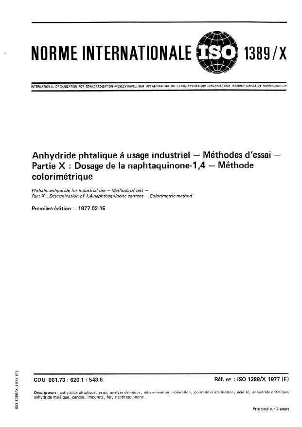 ISO 1389-10:1977 - Anhydride phtalique a usage industriel -- Méthodes d'essai