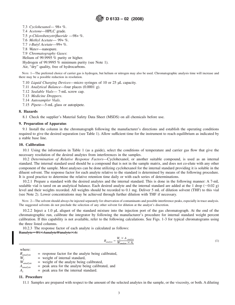 REDLINE ASTM D6133-02(2008) - Standard Test Method for Acetone, <i>p</i>-Chlorobenzotrifluoride, Methyl Acetate or <i>t</i>-Butyl Acetate Content of Solventborne and Waterborne Paints, Coatings, Resins, and Raw Materials by Direct Injection Into a Gas Chromatograph