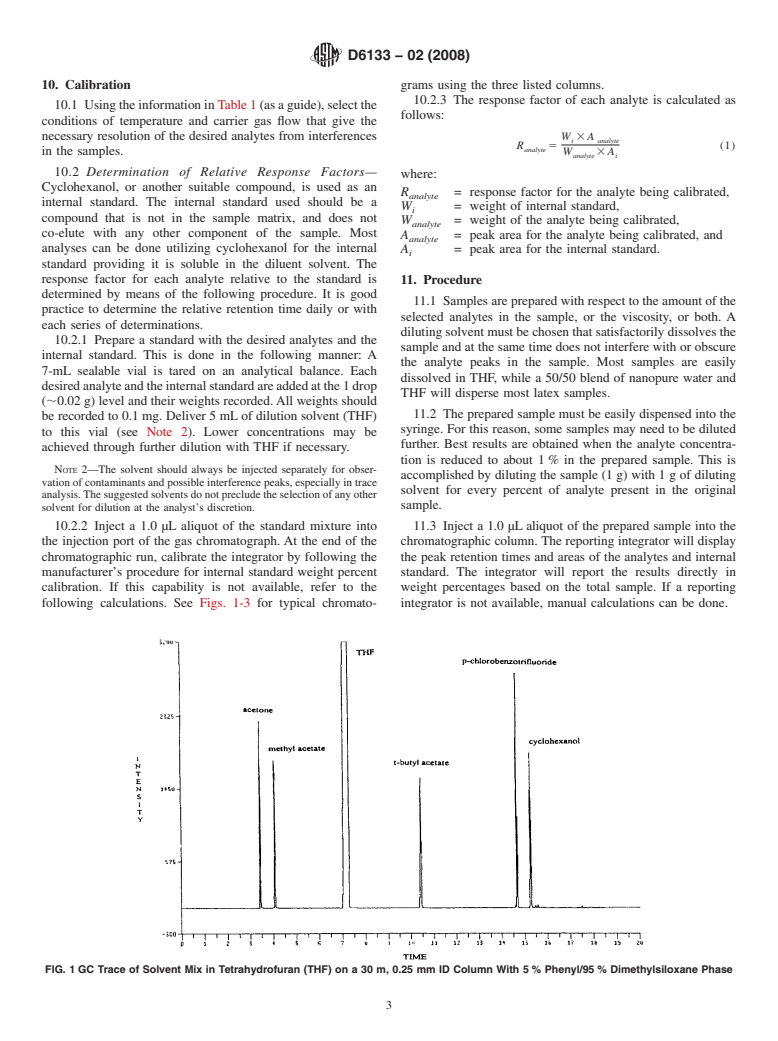 ASTM D6133-02(2008) - Standard Test Method for Acetone, <i>p</i>-Chlorobenzotrifluoride, Methyl Acetate or <i>t</i>-Butyl Acetate Content of Solventborne and Waterborne Paints, Coatings, Resins, and Raw Materials by Direct Injection Into a Gas Chromatograph