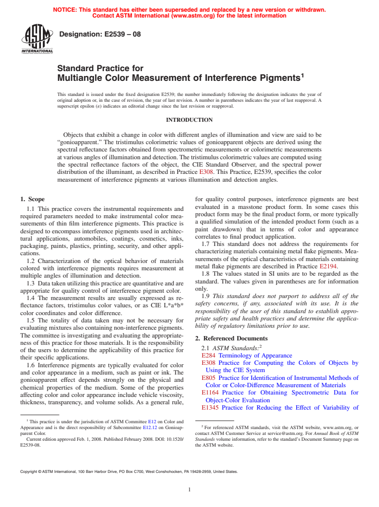 ASTM E2539-08 - Standard Practice for Multiangle Color Measurement of Interference Pigments