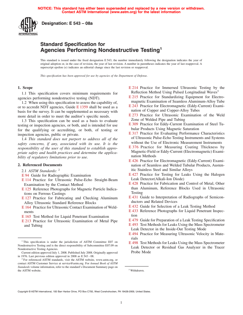 ASTM E543-08 - Standard Specification for  Agencies Performing Nondestructive Testing