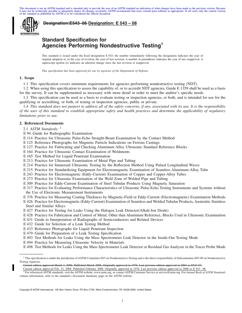 REDLINE ASTM E543-08 - Standard Specification for  Agencies Performing Nondestructive Testing