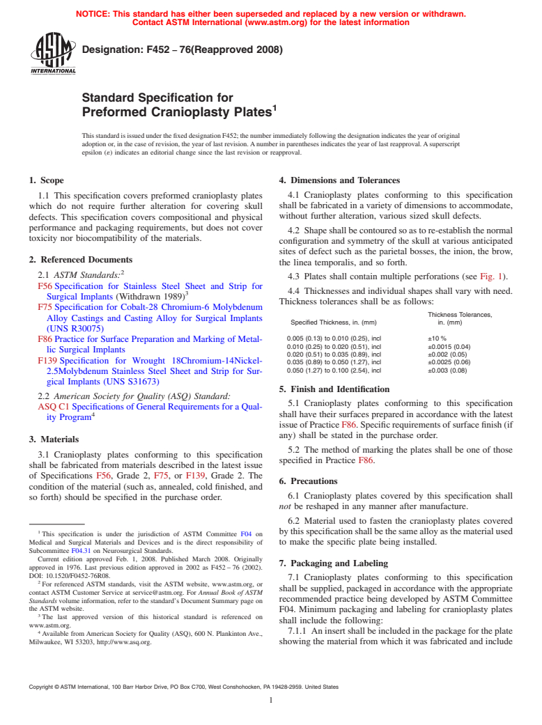 ASTM F452-76(2008) - Standard Specification for Preformed Cranioplasty ...