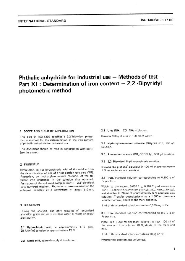 ISO 1389-11:1977 - Phthalic anhydride for industrial use -- Methods of test