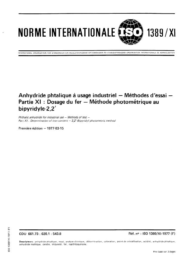 ISO 1389-11:1977 - Anhydride phtalique a usage industriel -- Méthodes d'essai