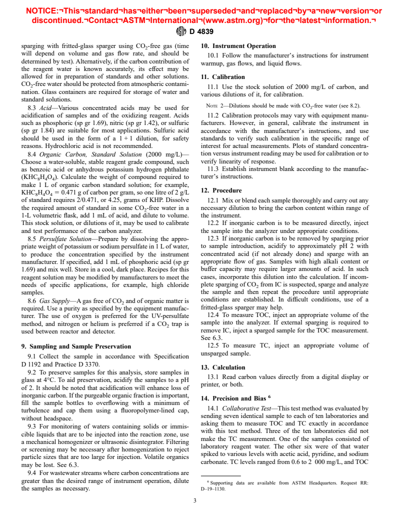 ASTM D4839-94 - Standard Test Method for Total Carbon and Organic Carbon in Water by Ultraviolet, or Persulfate Oxidation, or Both, and Infrared Detection