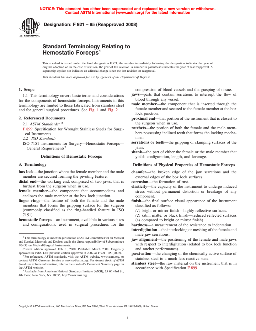 ASTM F921-85(2008) - Standard Terminology Relating to Hemostatic Forceps