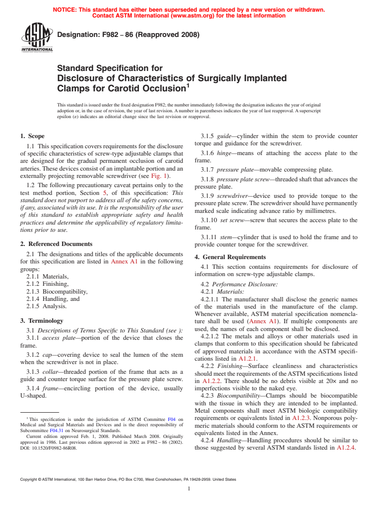 ASTM F982-86(2008) - Standard Specification for  Disclosure of Characteristics of Surgically Implanted Clamps for Carotid Occlusion (Withdrawn 2017)