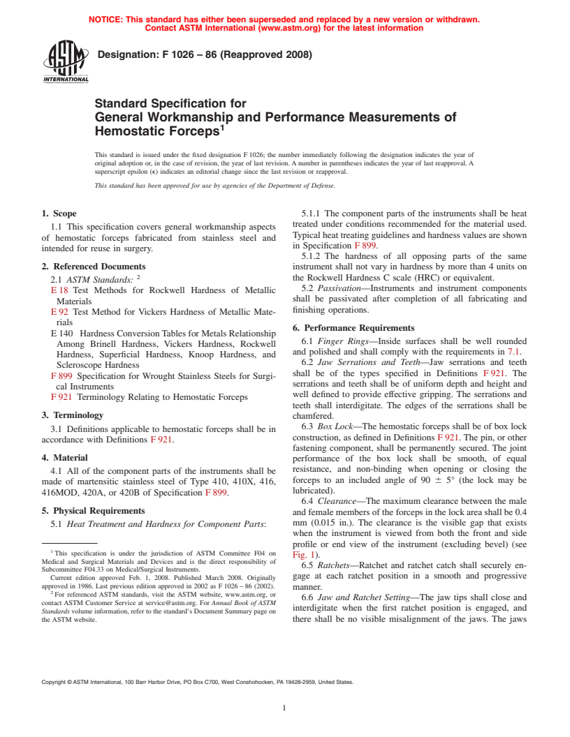 ASTM F1026-86(2008) - Standard Specification for  General Workmanship and Performance Measurements of Hemostatic Forceps