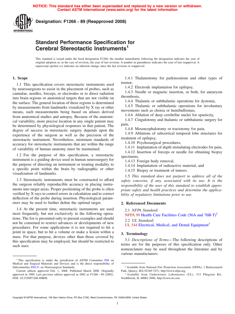 ASTM F1266-89(2008) - Standard Performance Specification for Cerebral Stereotactic Instruments (Withdrawn 2017)