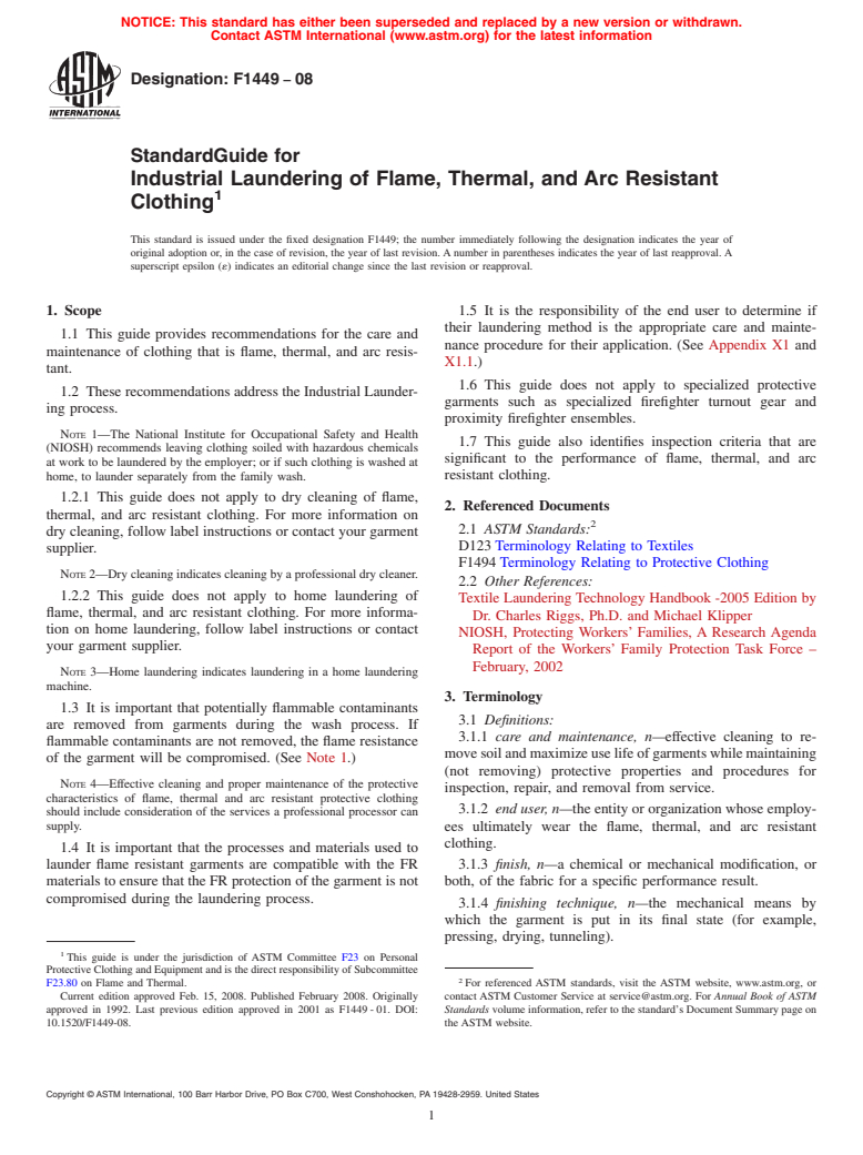 ASTM F1449-08 - Standard Guide for Industrial Laundering of Flame, Thermal, and Arc Resistant Clothing