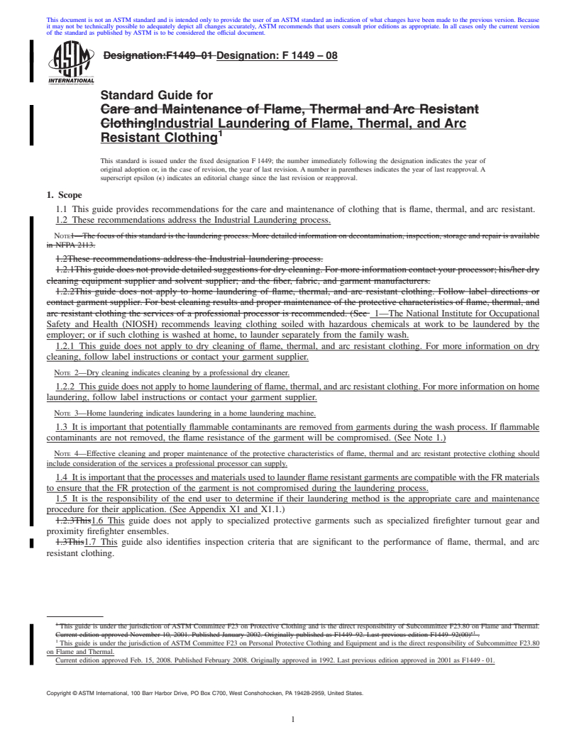 REDLINE ASTM F1449-08 - Standard Guide for Industrial Laundering of Flame, Thermal, and Arc Resistant Clothing