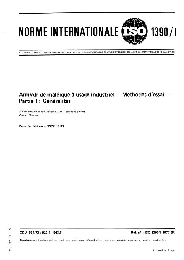 ISO 1390-1:1977 - Anhydride maléique a usage industriel -- Méthodes d'essai