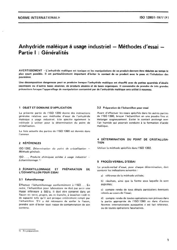 ISO 1390-1:1977 - Anhydride maléique a usage industriel -- Méthodes d'essai