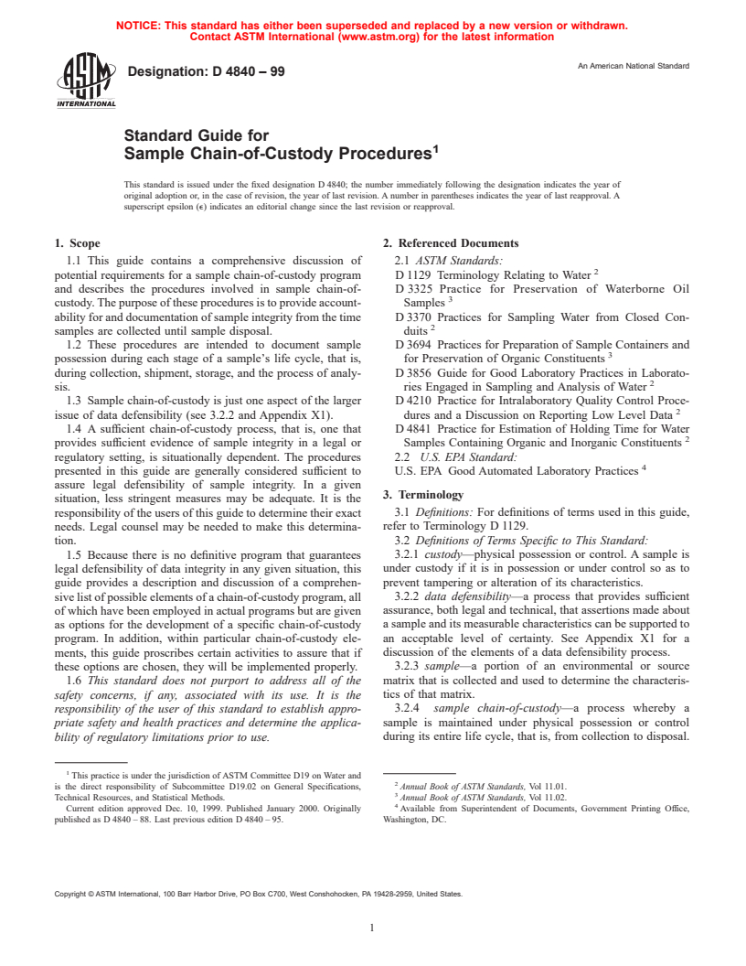 ASTM D4840-99 - Standard Guide for Sampling Chain-of-Custody Procedures