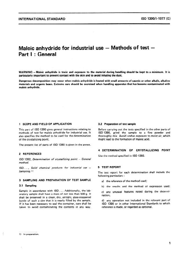 ISO 1390-1:1977 - Maleic anhydride for industrial use -- Methods of test
