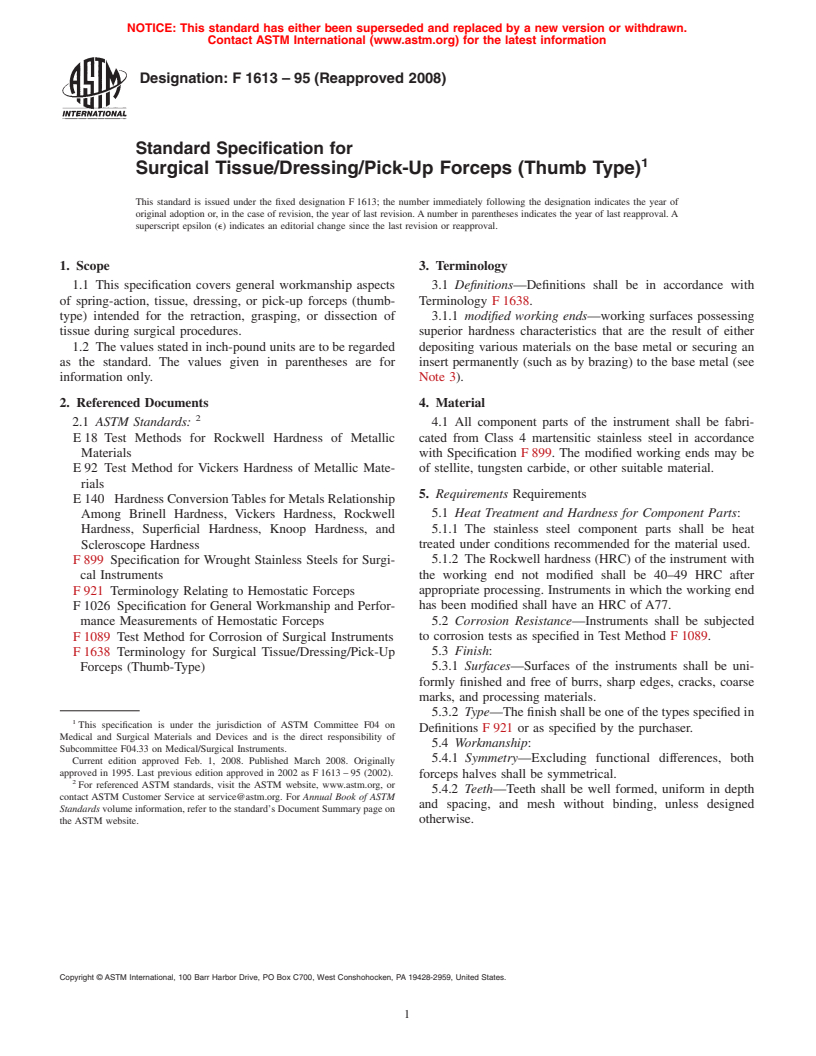 ASTM F1613-95(2008) - Standard Specification for Surgical Tissue/Dressing/Pick-Up Forceps (Thumb Type)