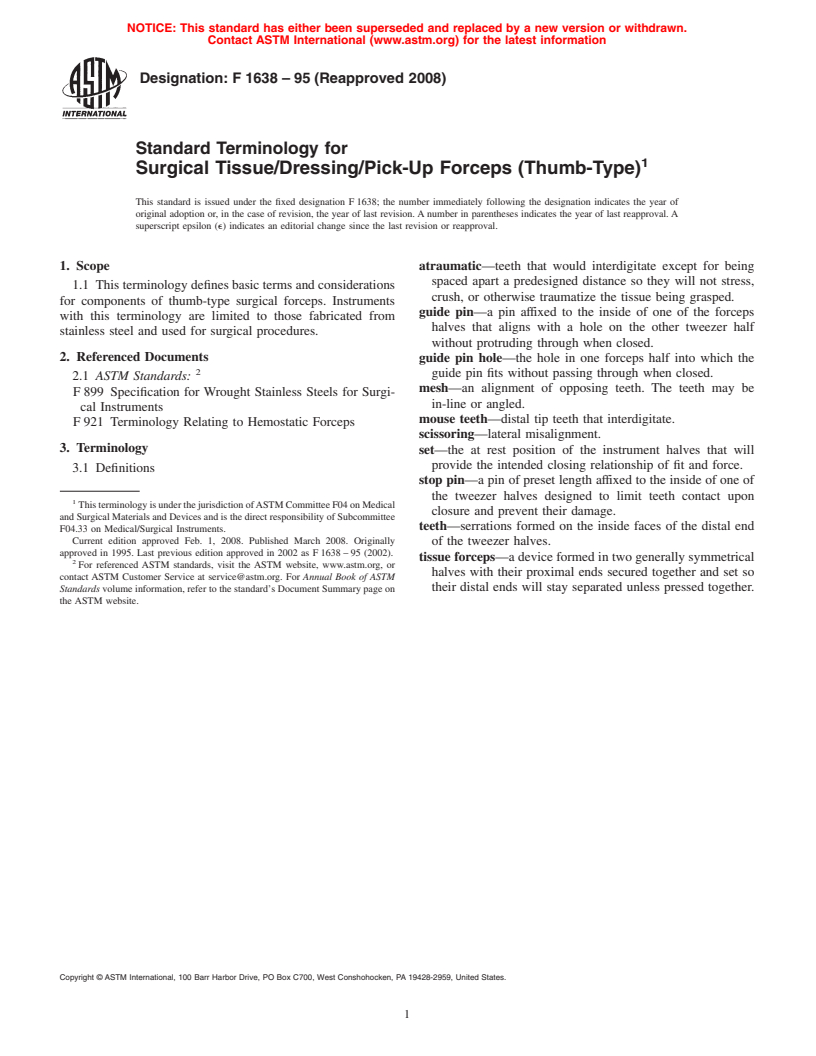 ASTM F1638-95(2008) - Standard Terminology for Surgical Tissue/Dressing/Pick-Up Forceps (Thumb-Type)