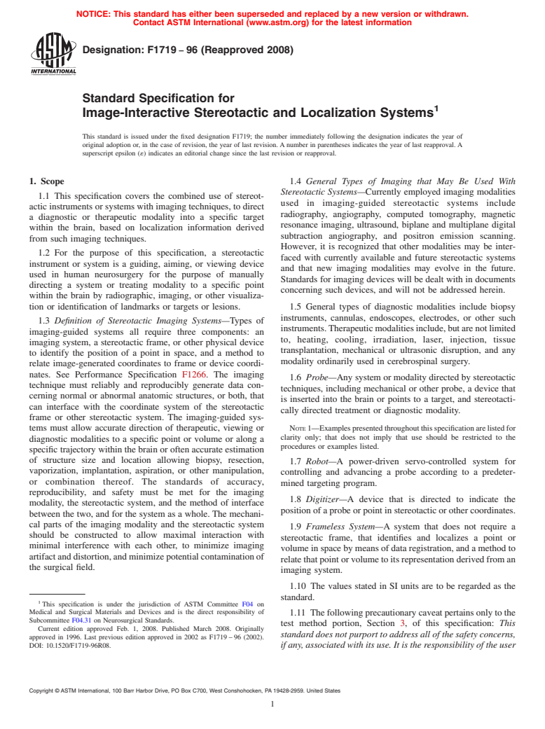 ASTM F1719-96(2008) - Standard Specification for  Image-Interactive Stereotactic and Localization Systems (Withdrawn 2017)