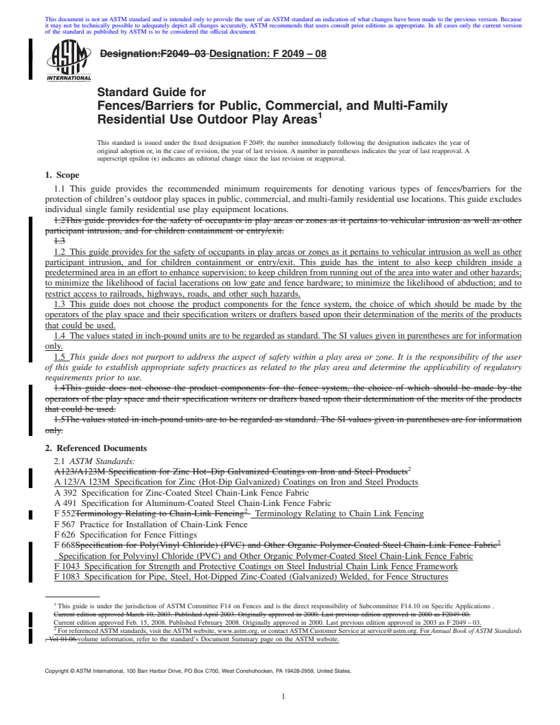 REDLINE ASTM F2049-08 - Standard Guide for Fences/Barriers for Public, Commercial, and Multi-Family Residential Use Outdoor Play Areas