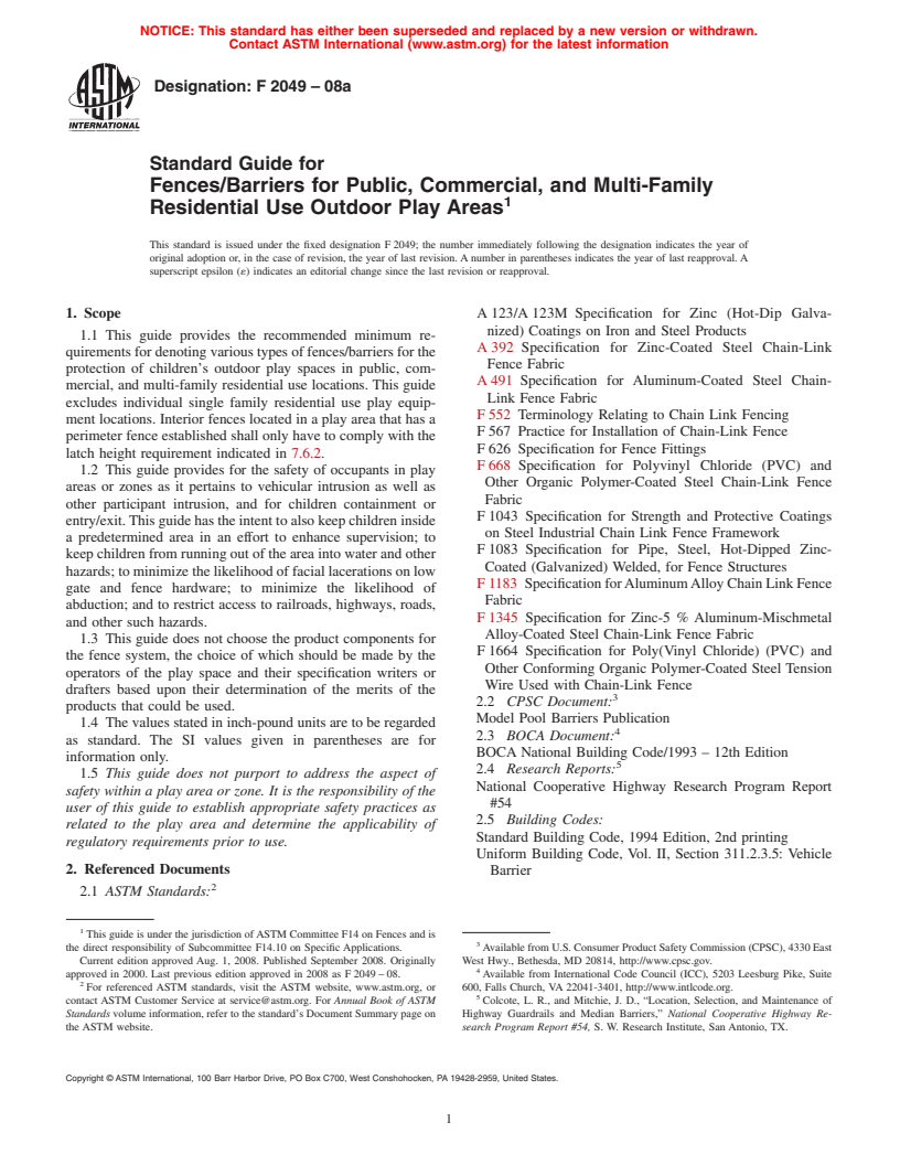 ASTM F2049-08 - Standard Guide for Fences/Barriers for Public, Commercial, and Multi-Family Residential Use Outdoor Play Areas