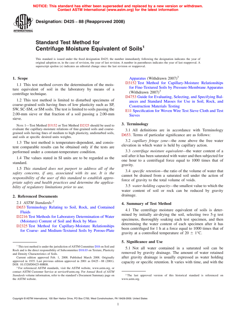 ASTM D425-88(2008) - Standard Test Method for Centrifuge Moisture Equivalent of Soils