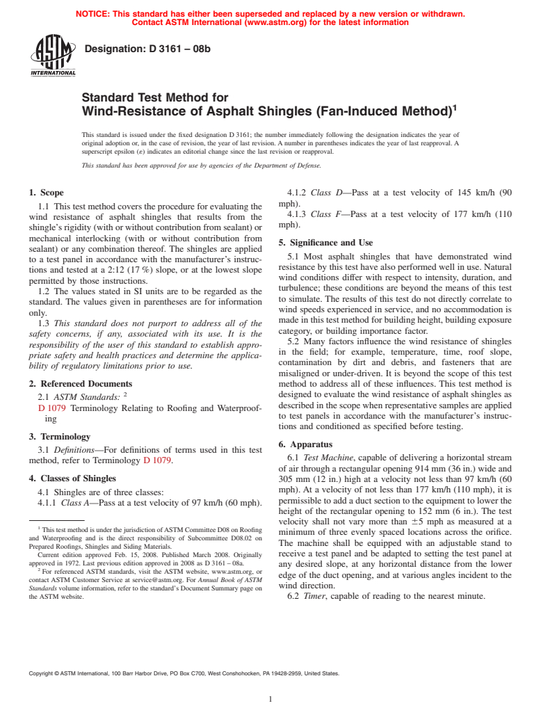 ASTM D3161-08b - Standard Test Method for  Wind-Resistance of Asphalt Shingles (Fan-Induced Method)