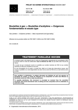 ISO 3807:2013 - Bouteilles a gaz -- Bouteilles d'acétylene -- Exigences fondamentales et essais de type