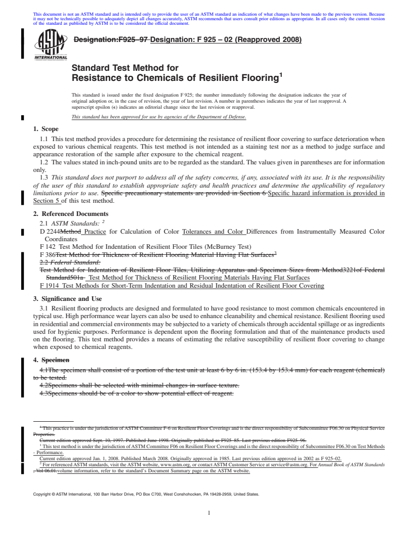 REDLINE ASTM F925-02(2008) - Standard Test Method for  Resistance to Chemicals of Resilient Flooring