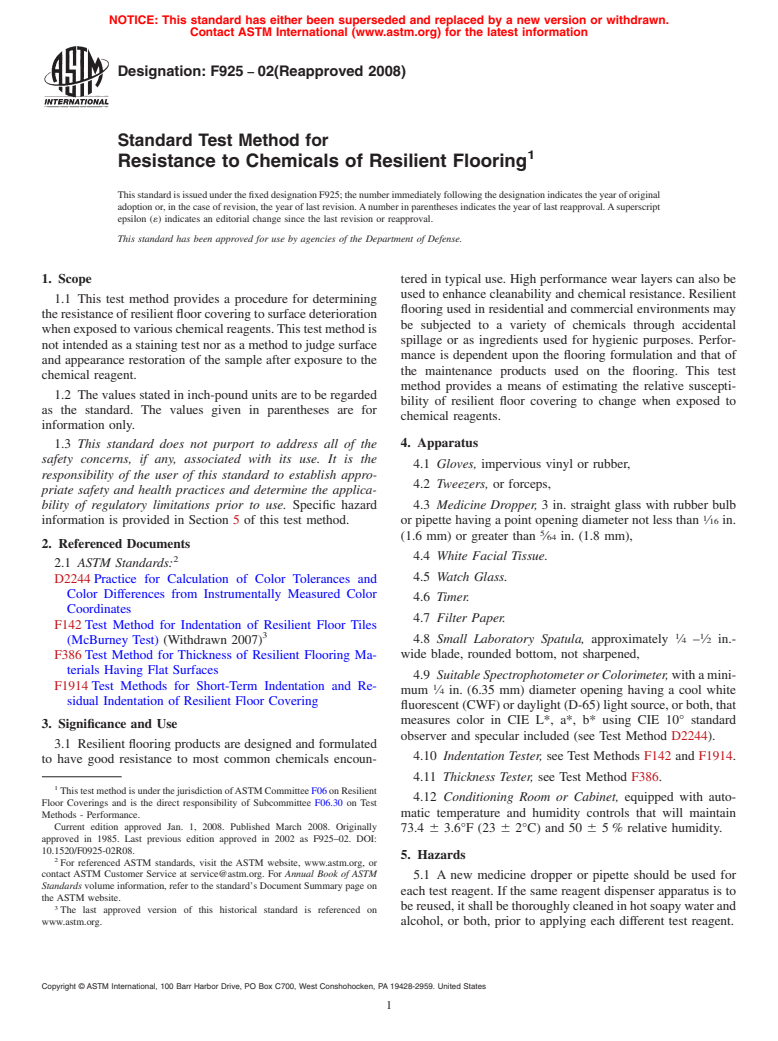 ASTM F925-02(2008) - Standard Test Method for  Resistance to Chemicals of Resilient Flooring