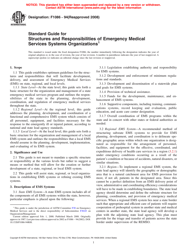 ASTM F1086-94(2008) - Standard Guide for Structures and Responsibilities of Emergency Medical Services Systems Organizations