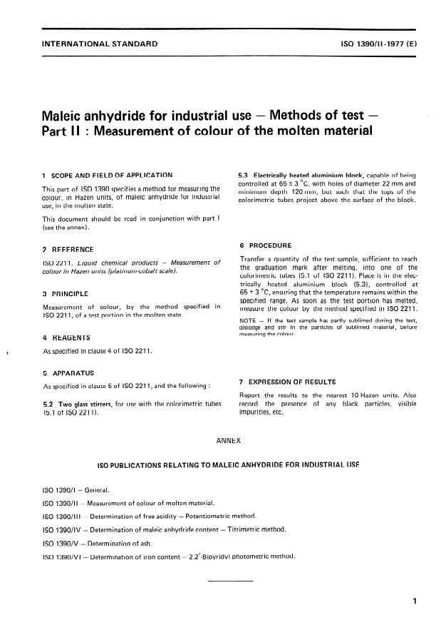 ISO 1390-2:1977 - Maleic anhydride for industrial use -- Methods of test