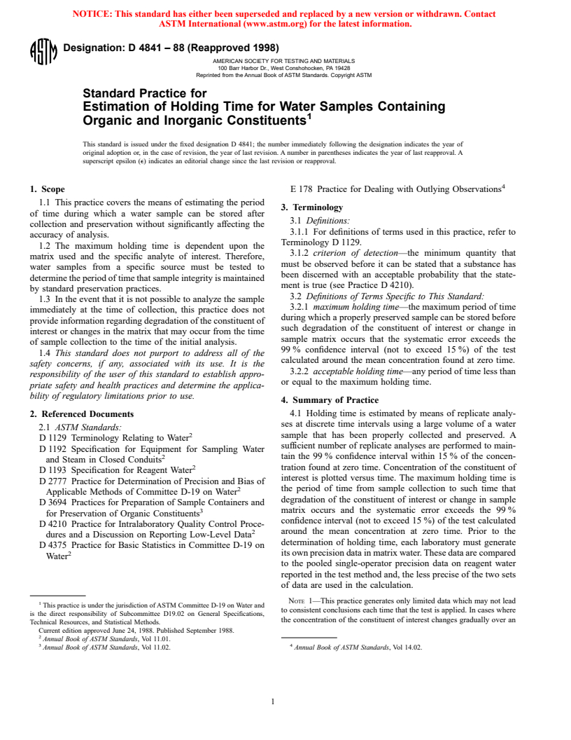 ASTM D4841-88(1998) - Standard Practice for Estimation of Holding Time for Water Samples Containing Organic and Inorganic Constituents