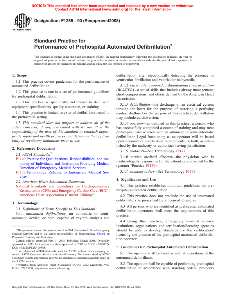 ASTM F1255-90(2008) - Standard Practice for Performance of Prehospital Automated Defibrillation (Withdrawn 2016)