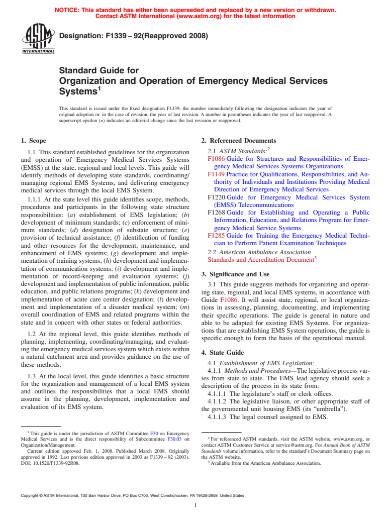 ASTM F1339-92(2008) - Standard Guide for Organization and Operation of Emergency Medical Services Systems