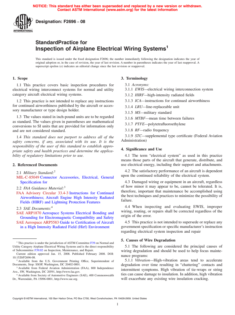 ASTM F2696-08 - Standard Practice for  Inspection of Airplane Electrical Wiring Systems