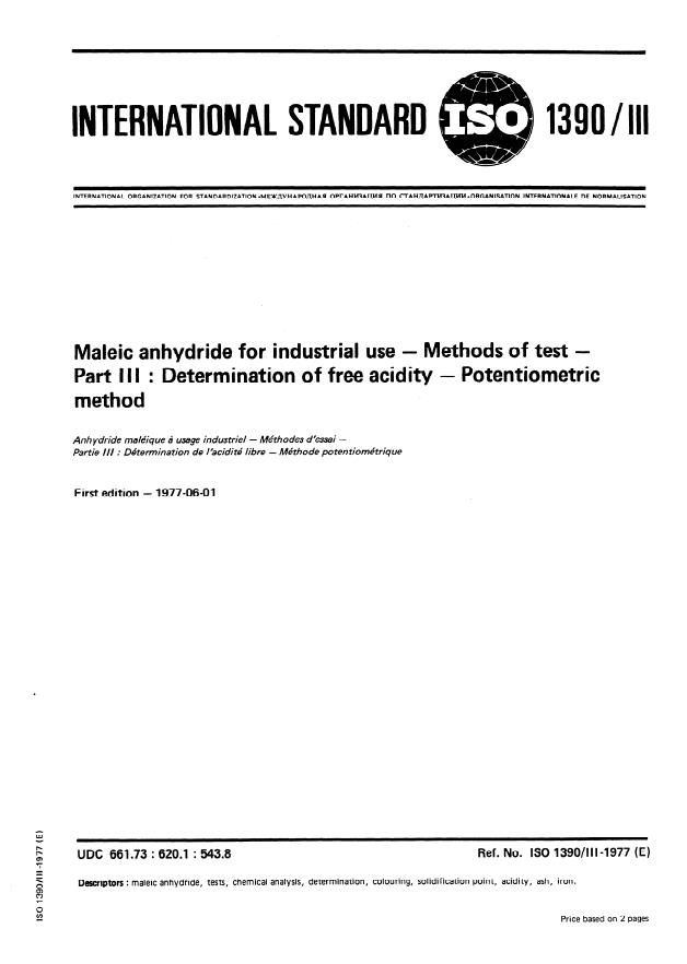 ISO 1390-3:1977 - Maleic anhydride for industrial use -- Methods of test