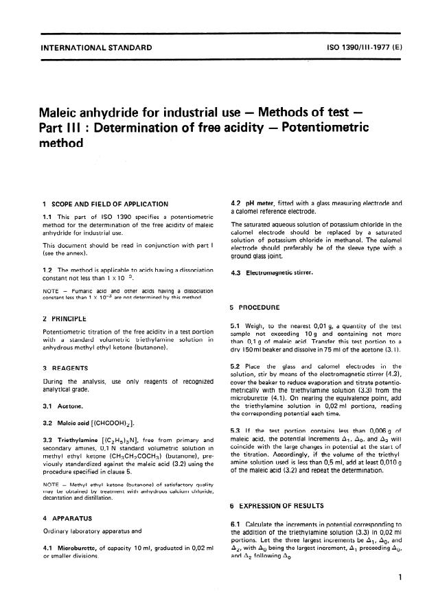 ISO 1390-3:1977 - Maleic anhydride for industrial use -- Methods of test