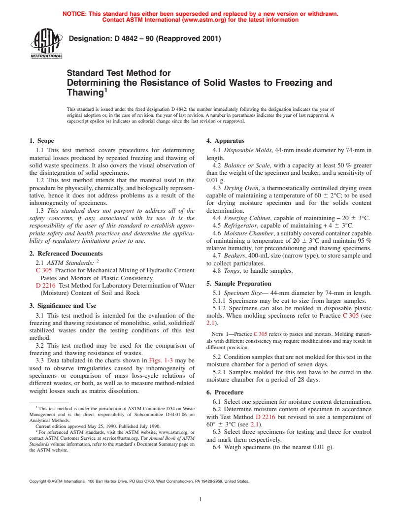 ASTM D4842-90(2001) - Standard Test Method for Determining the Resistance of Solid Wastes to Freezing and Thawing (Withdrawn 2006)